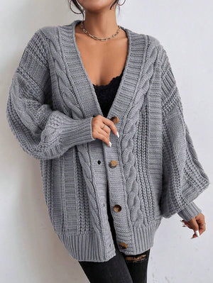 SHEIN Women's Beige Oversized Cable Knit Cardigan,Autumn Everyday Casual Button Front V Neck Bishop Sleeve Solid Plain Long Sleeve Tops oaklynwear