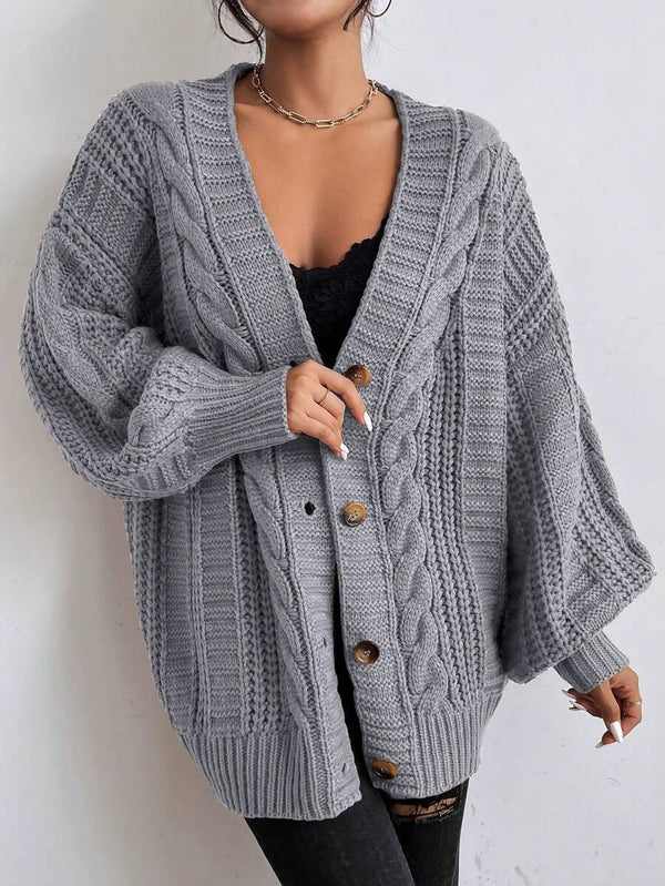SHEIN Women's Beige Oversized Cable Knit Cardigan,Autumn Everyday Casual Button Front V Neck Bishop Sleeve Solid Plain Long Sleeve Tops oaklynwear