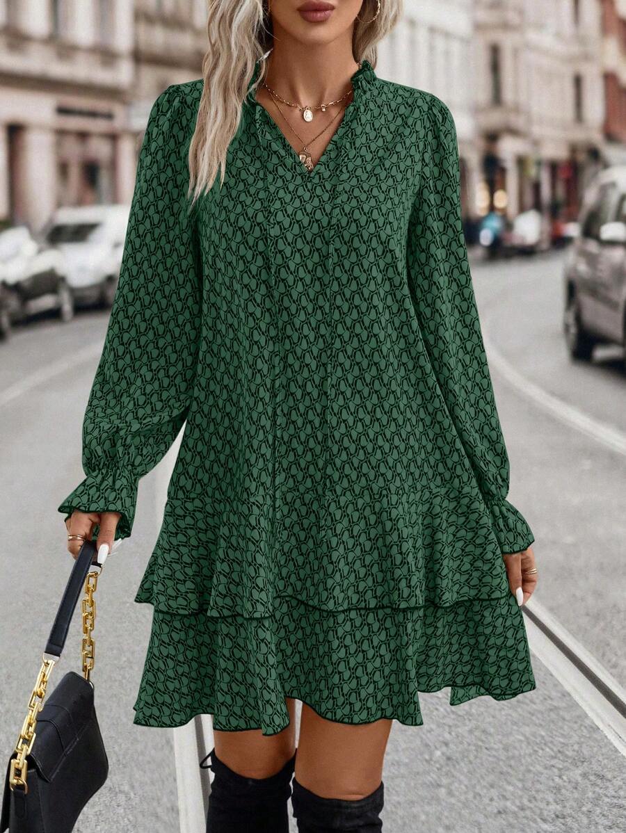 Bex Tie-Neck Flare Sleeve Ruffle Hem Smock Dress - view 7