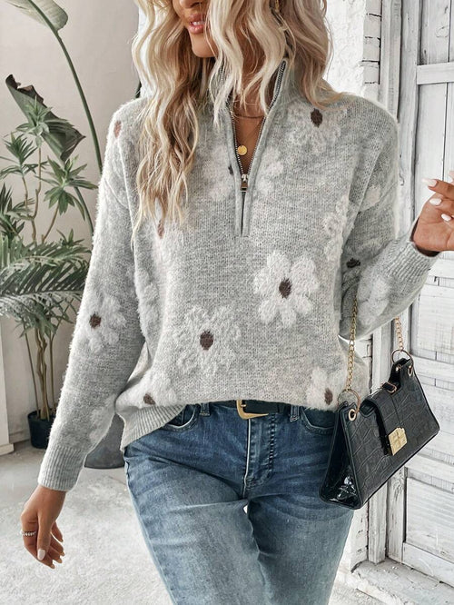 Lyla | Floral Embroidered Half Zip Pullover Sweater, Cozy Funnel Neck Knit oaklynwear