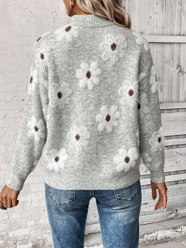 Lyla | Floral Embroidered Half Zip Pullover Sweater, Cozy Funnel Neck Knit oaklynwear