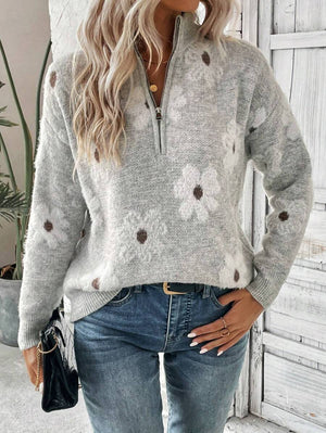 Lyla | Floral Embroidered Half Zip Pullover Sweater, Cozy Funnel Neck Knit oaklynwear