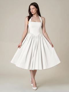 Connie | Halter Square Neck Corset Back Midi Dress with Full Skirt