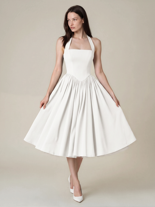 Connie | Halter Square Neck Corset Back Midi Dress with Full Skirt