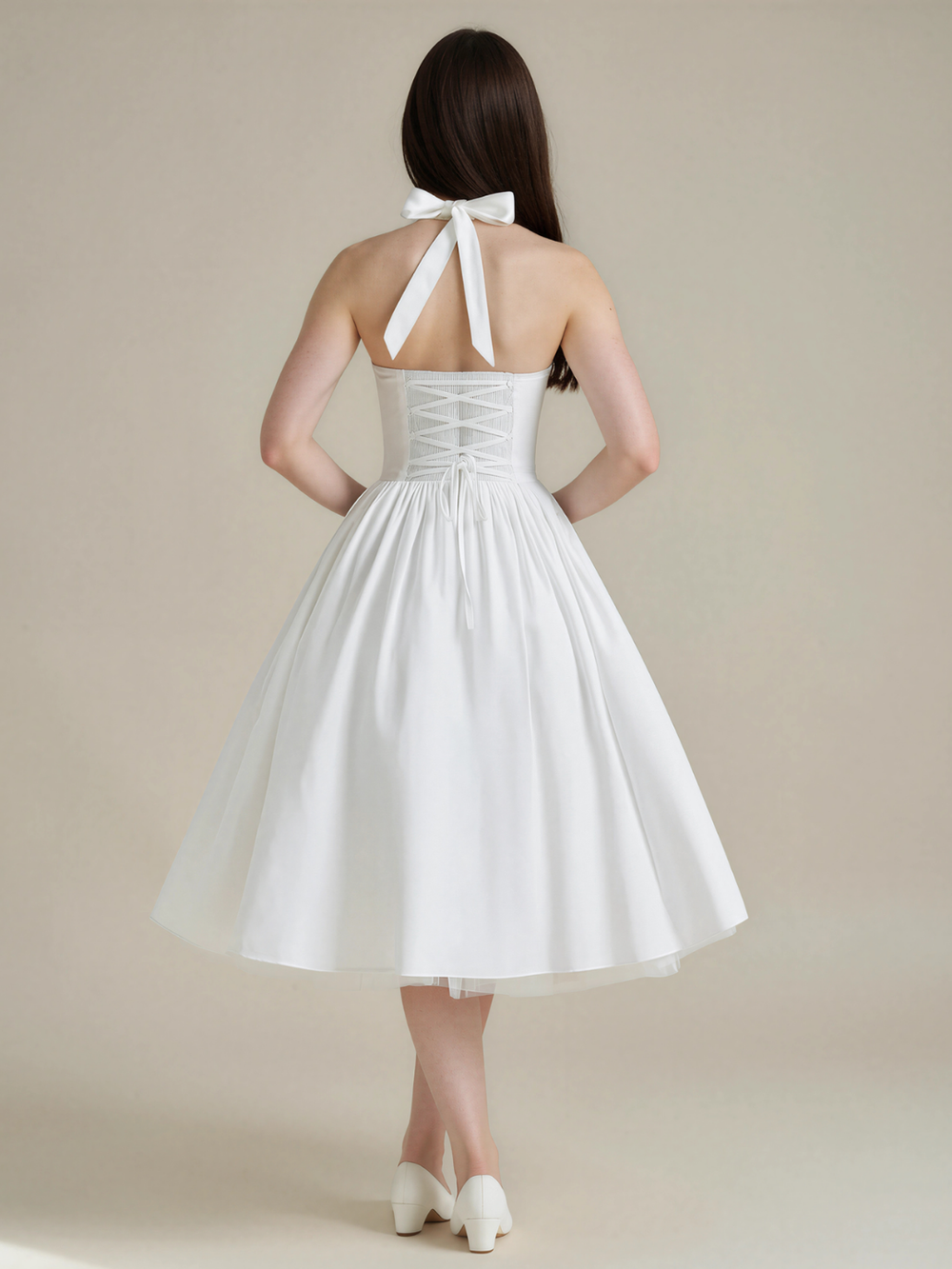 Connie | Halter Square Neck Corset Back Midi Dress with Full Skirt