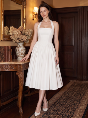 Connie | Halter Square Neck Corset Back Midi Dress with Full Skirt