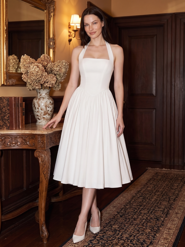 Connie | Halter Square Neck Corset Back Midi Dress with Full Skirt