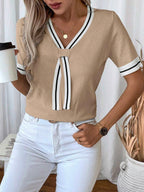 Isabella Tie-Neck V-Neck Knit Top with Contrast Trim - view 4
