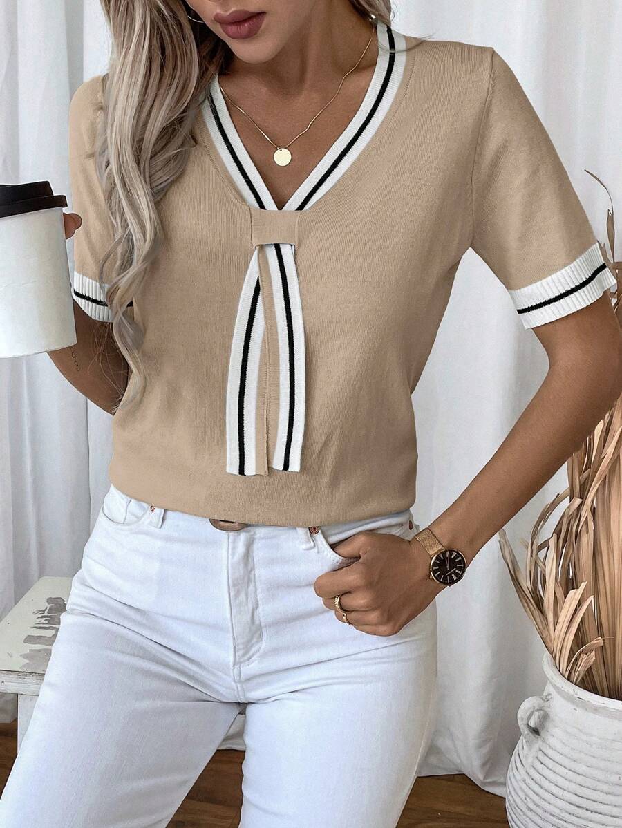 Isabella Tie-Neck V-Neck Knit Top with Contrast Trim - view 4