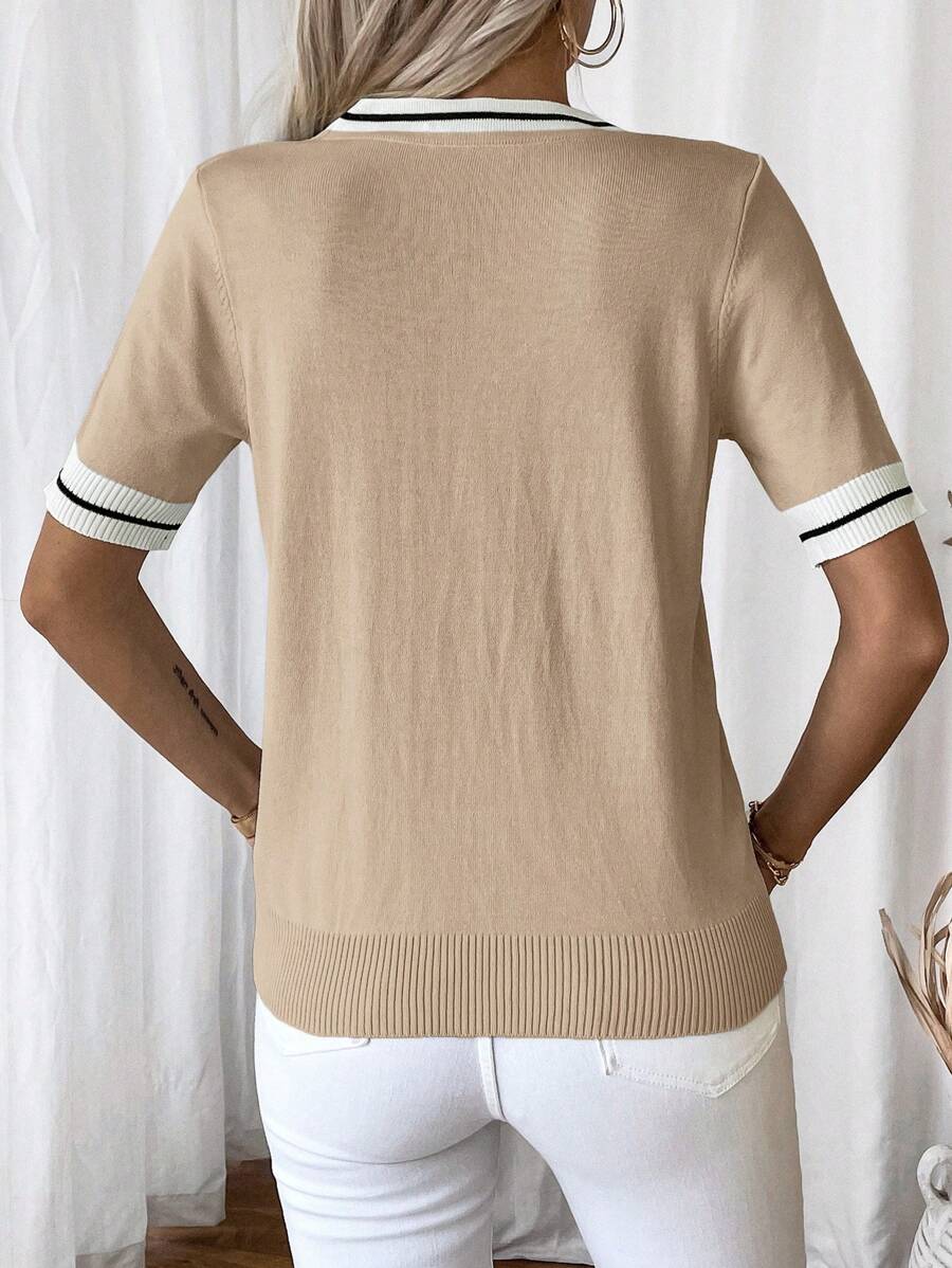 Isabella Tie-Neck V-Neck Knit Top with Contrast Trim - view 2