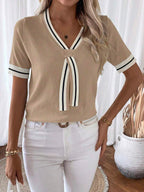 Isabella Tie-Neck V-Neck Knit Top with Contrast Trim - view 5