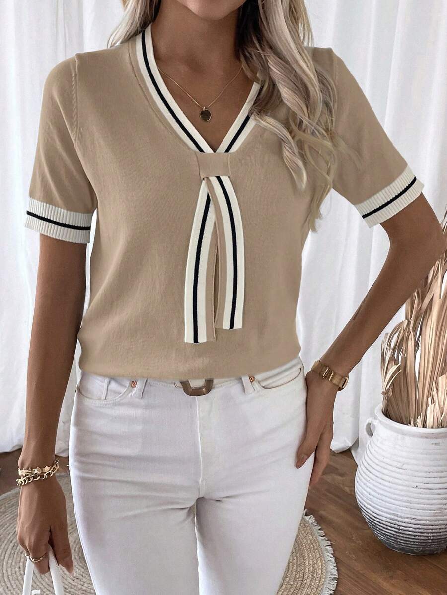 Isabella Tie-Neck V-Neck Knit Top with Contrast Trim - view 5
