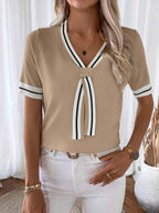 Isabella Tie-Neck V-Neck Knit Top with Contrast Trim - view 6