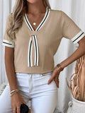 Isabella Tie-Neck V-Neck Knit Top with Contrast Trim - front view