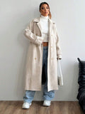 Indie Belted Notched Collar Long Overcoat - front view