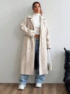 Indie Belted Notched Collar Long Overcoat - front view