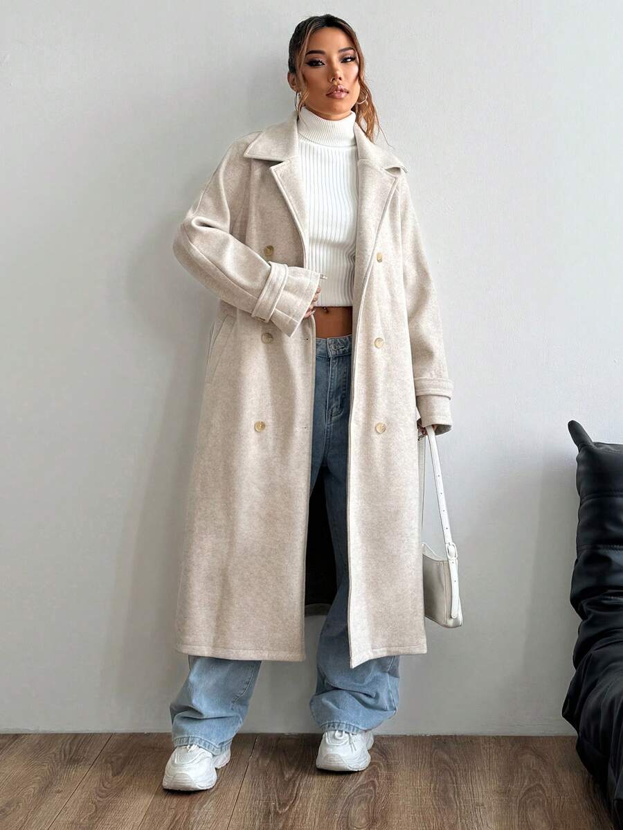 Indie Belted Notched Collar Long Overcoat - front view
