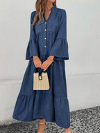 Elsie Notched V-Neck Single-Breasted Tiered Maxi Dress - front view