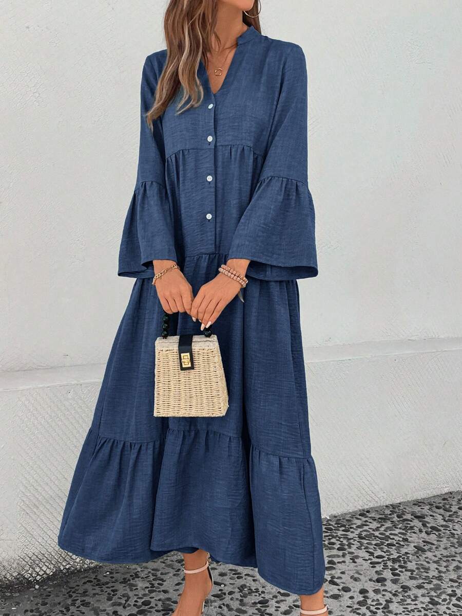 Elsie Notched V-Neck Single-Breasted Tiered Maxi Dress - front view