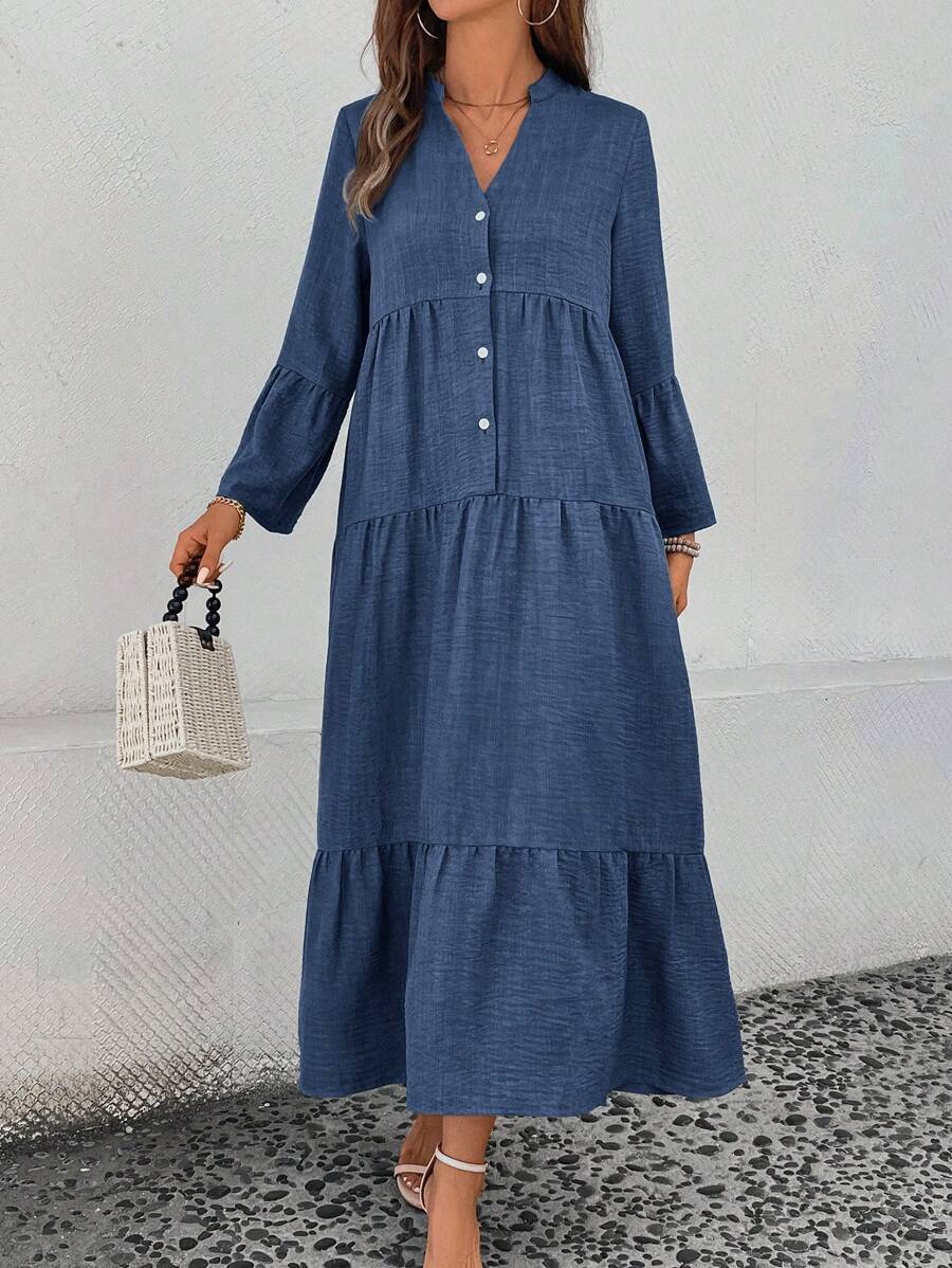 Elsie Notched V-Neck Single-Breasted Tiered Maxi Dress - view 3