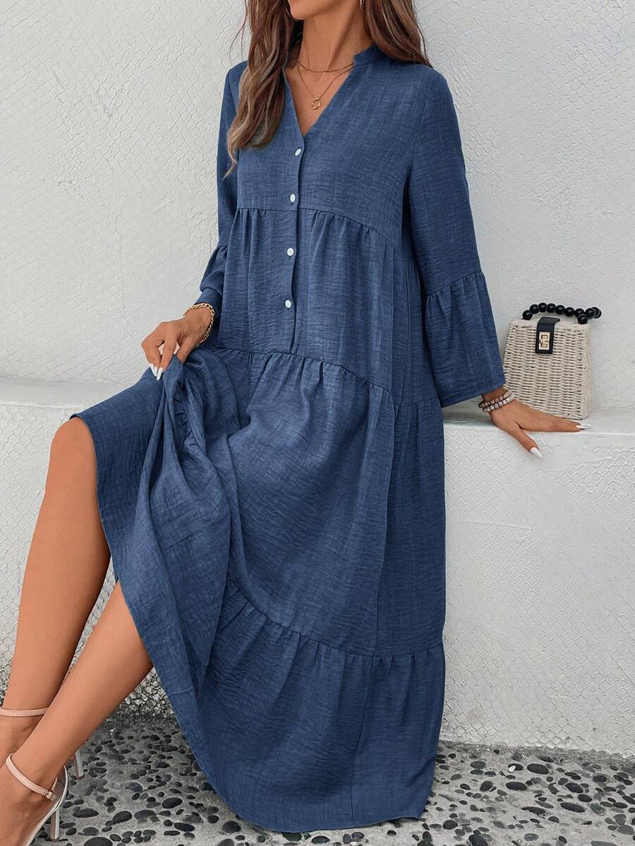 Elsie Notched V-Neck Single-Breasted Tiered Maxi Dress - view 6