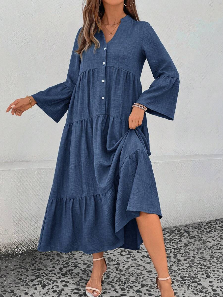 Elsie Notched V-Neck Single-Breasted Tiered Maxi Dress - view 5