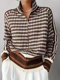 Chloe Houndstooth Zip Front Cardigan with Stand Collar, Raglan Sleeve Knit Jacket - front view