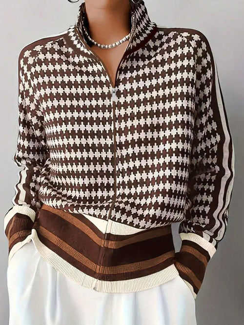 Women's All-Over Print Raglan Sleeve Zip Front Knit Stand Collar Cardigan oaklynwear