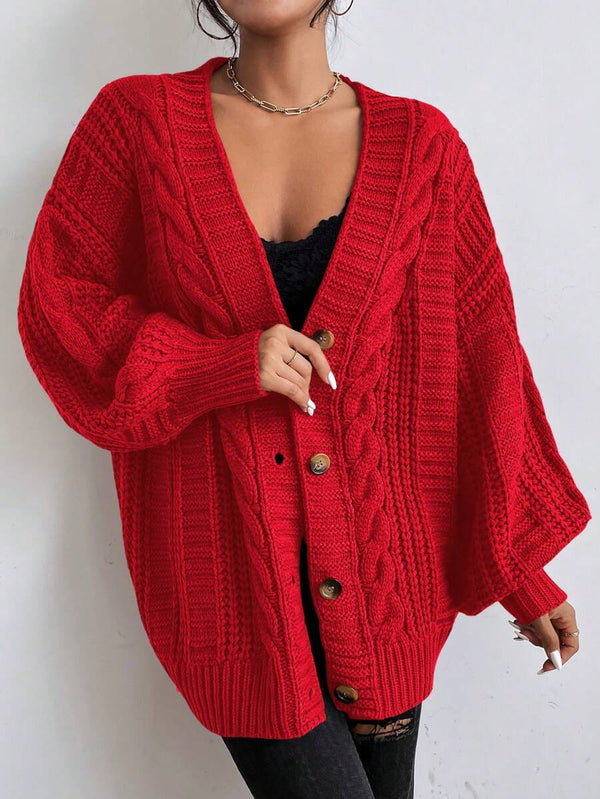 SHEIN Women's Beige Oversized Cable Knit Cardigan,Autumn Everyday Casual Button Front V Neck Bishop Sleeve Solid Plain Long Sleeve Tops oaklynwear