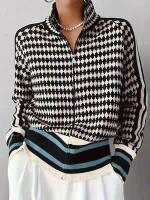Women's All-Over Print Raglan Sleeve Zip Front Knit Stand Collar Cardigan oaklynwear