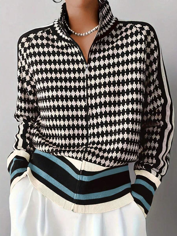 Women's All-Over Print Raglan Sleeve Zip Front Knit Stand Collar Cardigan oaklynwear