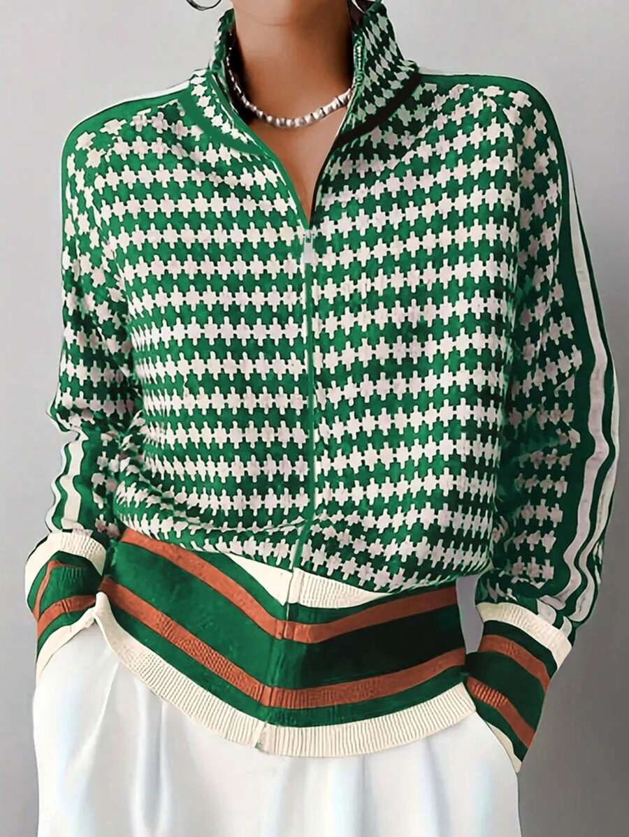 Women's All-Over Print Raglan Sleeve Zip Front Knit Stand Collar Cardigan oaklynwear