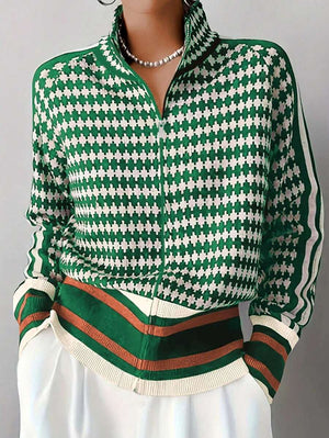 Women's All-Over Print Raglan Sleeve Zip Front Knit Stand Collar Cardigan oaklynwear
