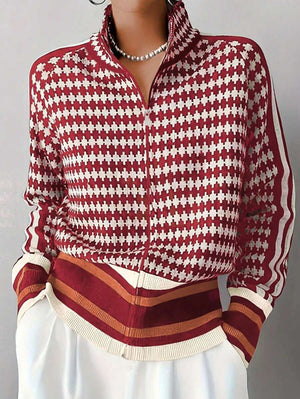 Women's All-Over Print Raglan Sleeve Zip Front Knit Stand Collar Cardigan oaklynwear