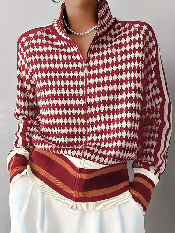 Women's All-Over Print Raglan Sleeve Zip Front Knit Stand Collar Cardigan oaklynwear