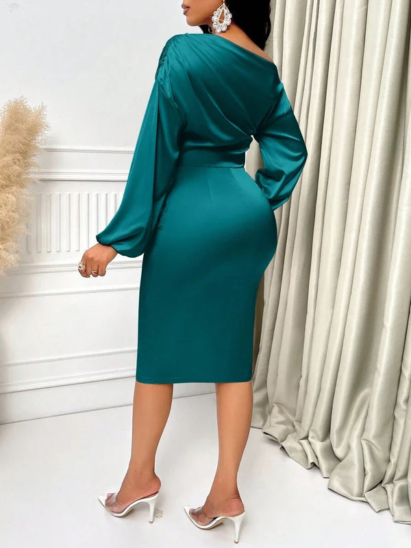 Lottie | Asymmetric Neck Ruched Satin Midi Dress