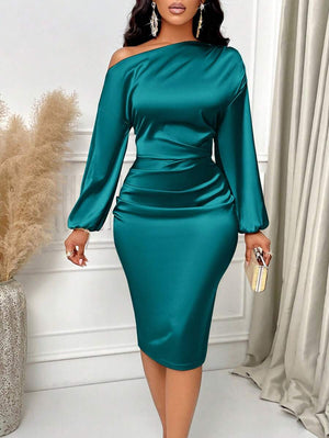 Lottie | Asymmetric Neck Ruched Satin Midi Dress
