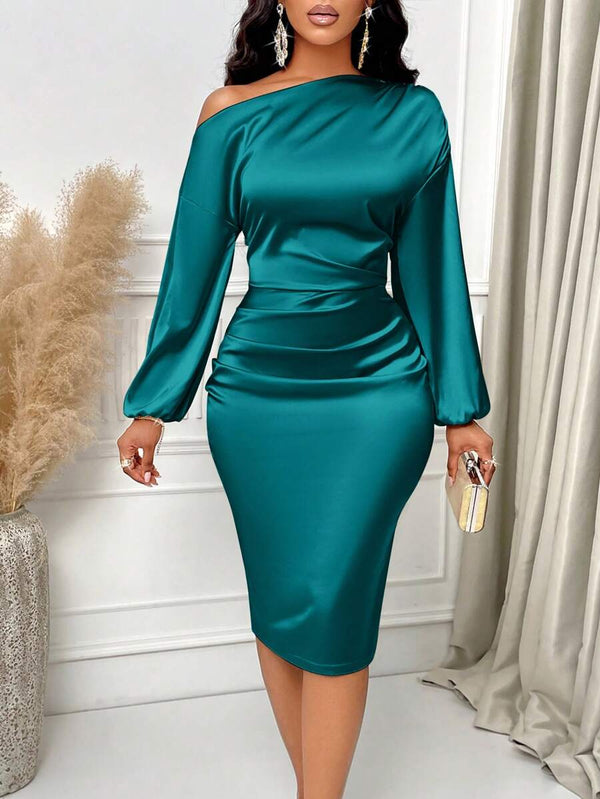 Lottie | Asymmetric Neck Ruched Satin Midi Dress