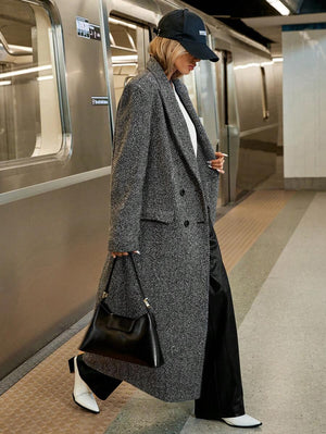 Siren Gaze Women's Autumn/Winter Lapel NeckHerringbone Double-Breasted Long Sleeve Long Casual Overcoat,Fall Brown oaklynwear