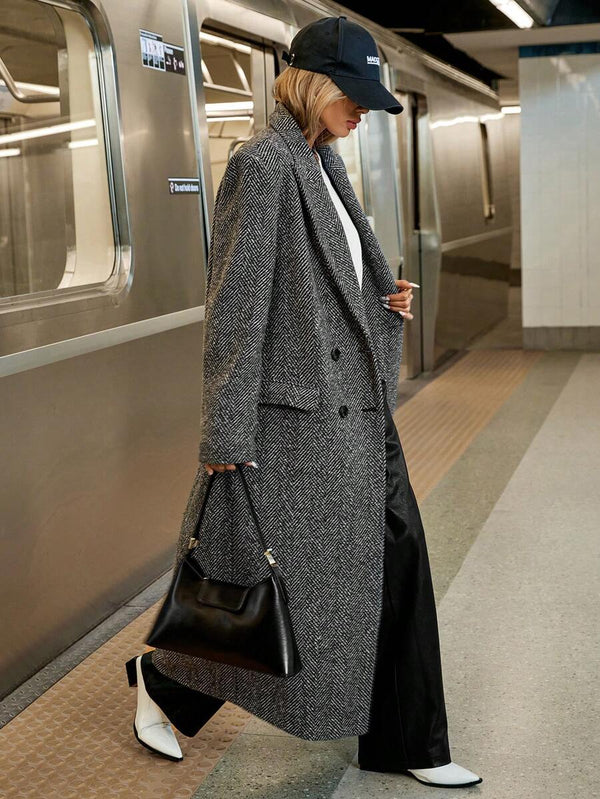 Siren Gaze Women's Autumn/Winter Lapel NeckHerringbone Double-Breasted Long Sleeve Long Casual Overcoat,Fall Brown oaklynwear