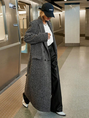 Siren Gaze Women's Autumn/Winter Lapel NeckHerringbone Double-Breasted Long Sleeve Long Casual Overcoat,Fall Brown oaklynwear
