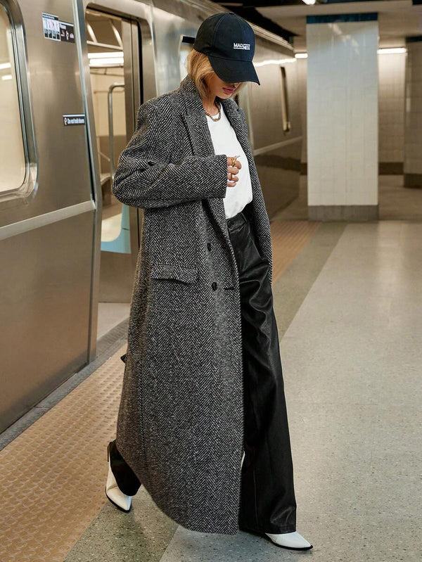 Siren Gaze Women's Autumn/Winter Lapel NeckHerringbone Double-Breasted Long Sleeve Long Casual Overcoat,Fall Brown oaklynwear