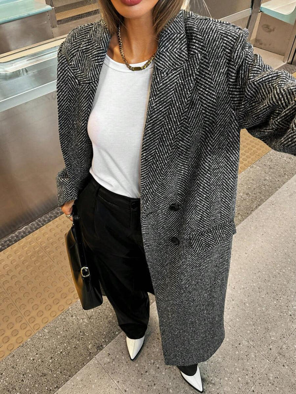 Siren Gaze Women's Autumn/Winter Lapel NeckHerringbone Double-Breasted Long Sleeve Long Casual Overcoat,Fall Brown oaklynwear