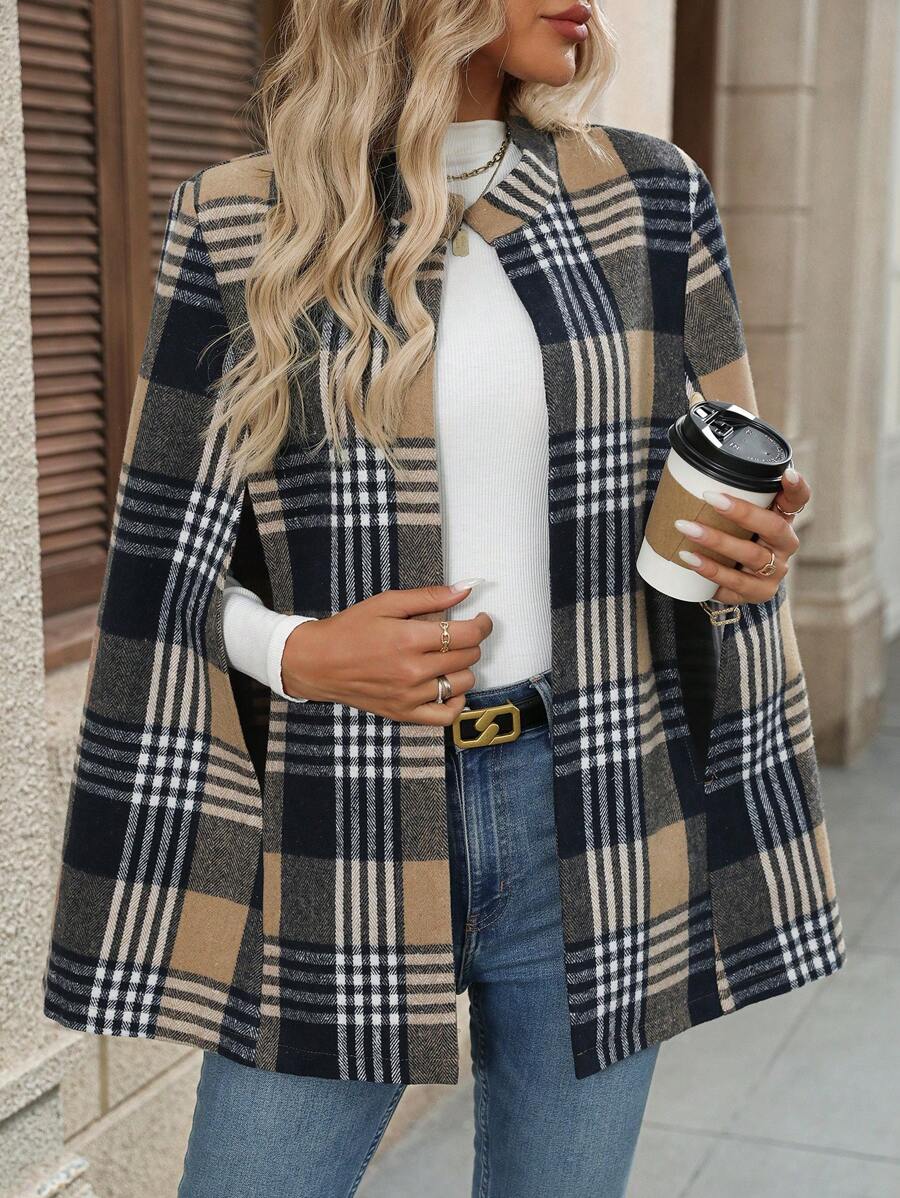 Maeve Plaid Cape Coat with Cloak Sleeves - front view