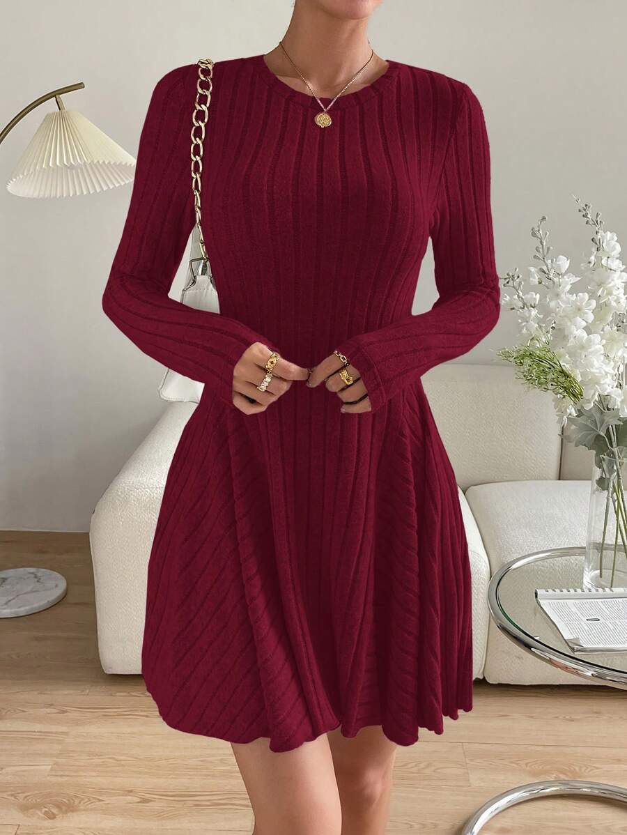 Elle Round Neck Ribbed Long Sleeve A-Line Mini Dress - view 8