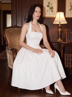 Connie | Halter Square Neck Corset Back Midi Dress with Full Skirt
