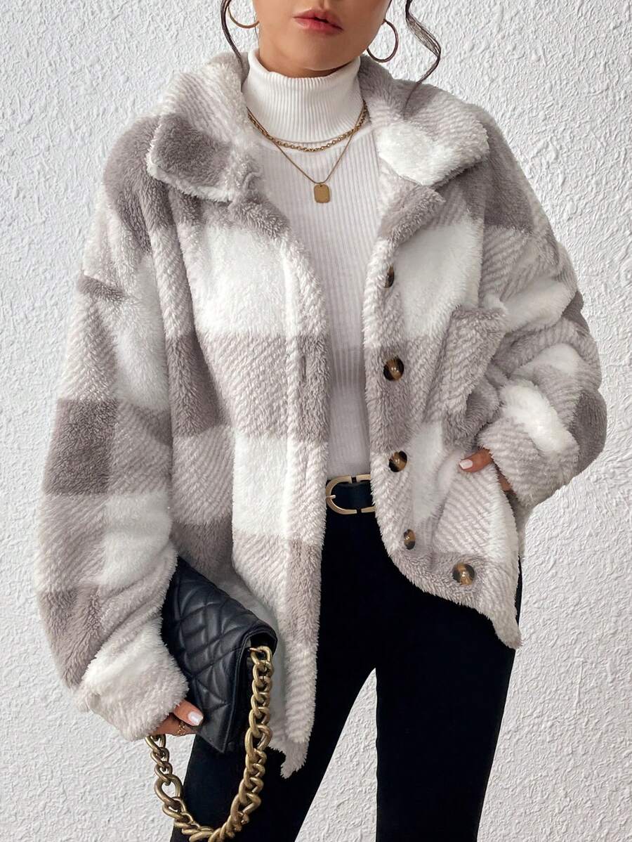 Tamsin Gingham Teddy Button Front Jacket - front view