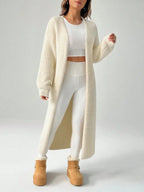 Rosie Long Duster Cardigan with Fuzzy Knit Texture, Cosy Midi Length Layer - front view
