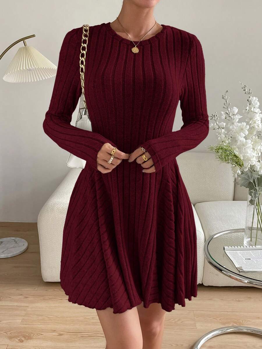 Elle Round Neck Ribbed Long Sleeve A-Line Mini Dress - view 7