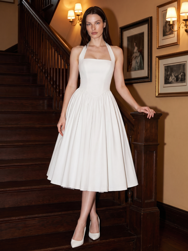 Connie | Halter Square Neck Corset Back Midi Dress with Full Skirt